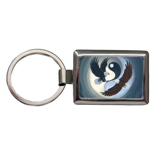 Two Eagles Yin Yang Rectangle Metal Keychain
