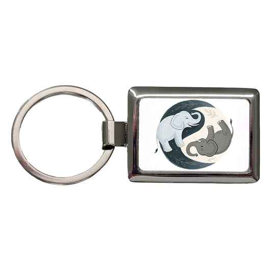 Two Elephants Yin Yang Rectangle Metal Keychain