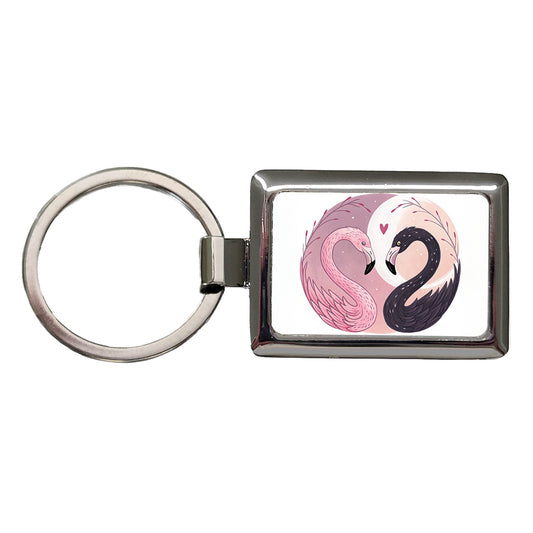 Two Flamingos Yin Yang Pink Black Rectangle Metal Keychain