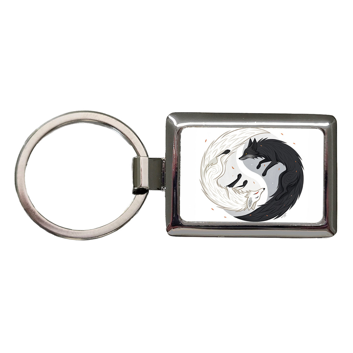 Two Foxes Yin Yang Black White Rectangle Metal Keychain