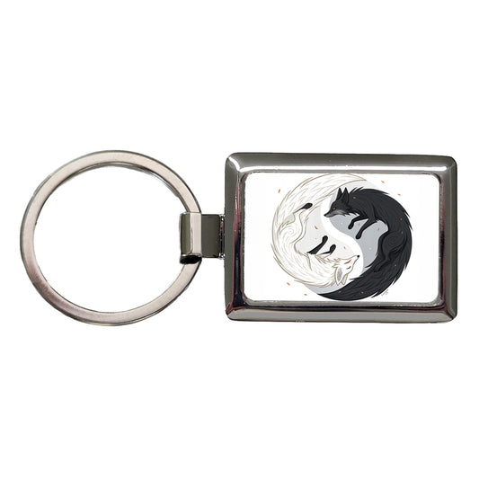 Two Foxes Yin Yang Black White Rectangle Metal Keychain
