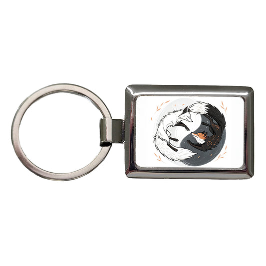 Two Foxes Yin Yang Rectangle Metal Keychain