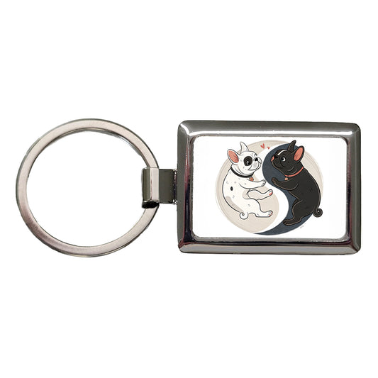 Two French Bulldogs Yin Yang Dark Light Rectangle Metal Keychain
