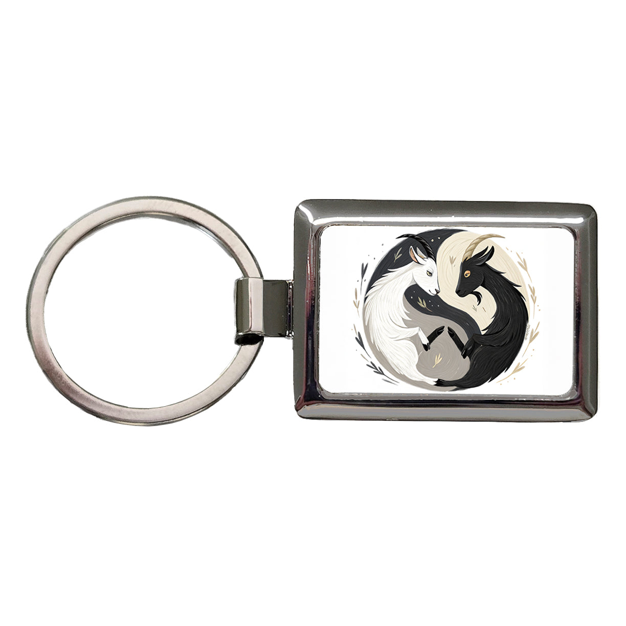 Two Goats Yin Yang White Black Rectangle Metal Keychain
