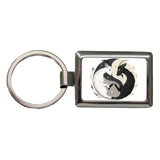 Two Goats Yin Yang White Black Rectangle Metal Keychain