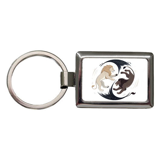 Two Lions Yin Yang Dark Light Rectangle Metal Keychain