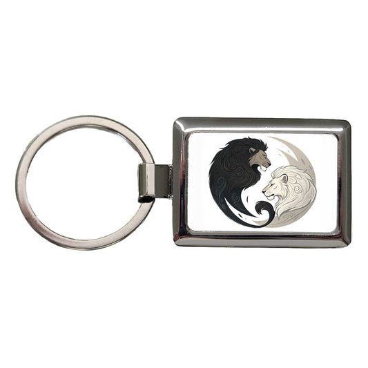 Two Lions Yin Yang Rectangle Metal Keychain