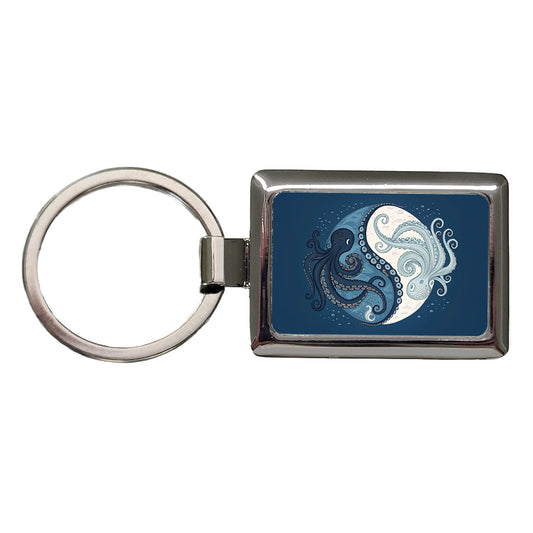 Two Octopus Yin Yang Blues Rectangle Metal Keychain