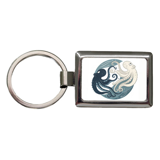 Two Octopus Yin Yang Rectangle Metal Keychain
