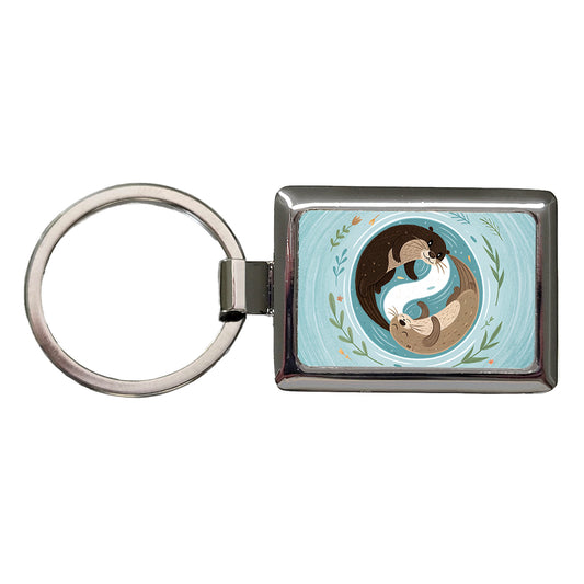 Two Otters Yin Yang Rectangle Metal Keychain