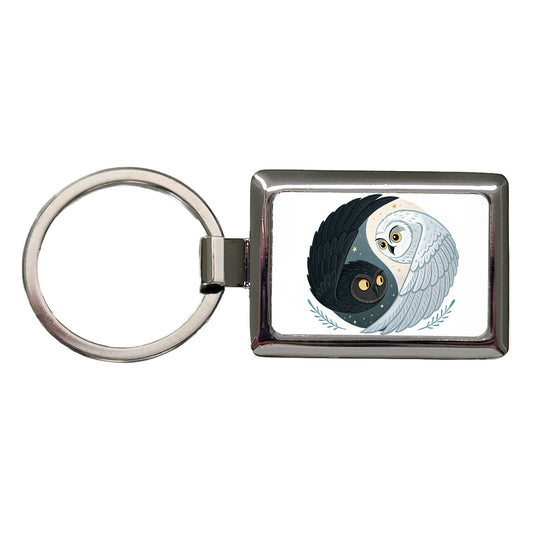 Two Owls Yin Yang Black White Rectangle Metal Keychain