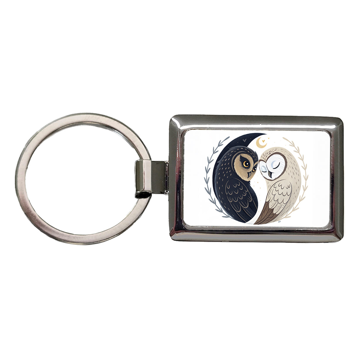 Two Owls Yin Yang Rectangle Metal Keychain
