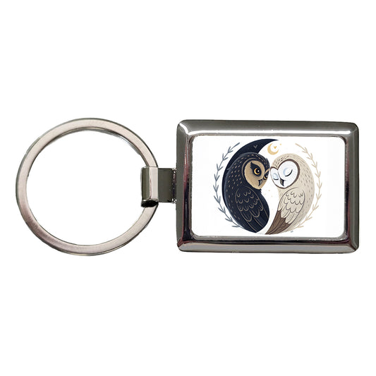 Two Owls Yin Yang Rectangle Metal Keychain