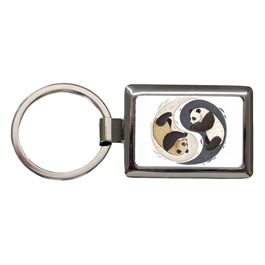 Two Pandas Yin Yang Rectangle Metal Keychain