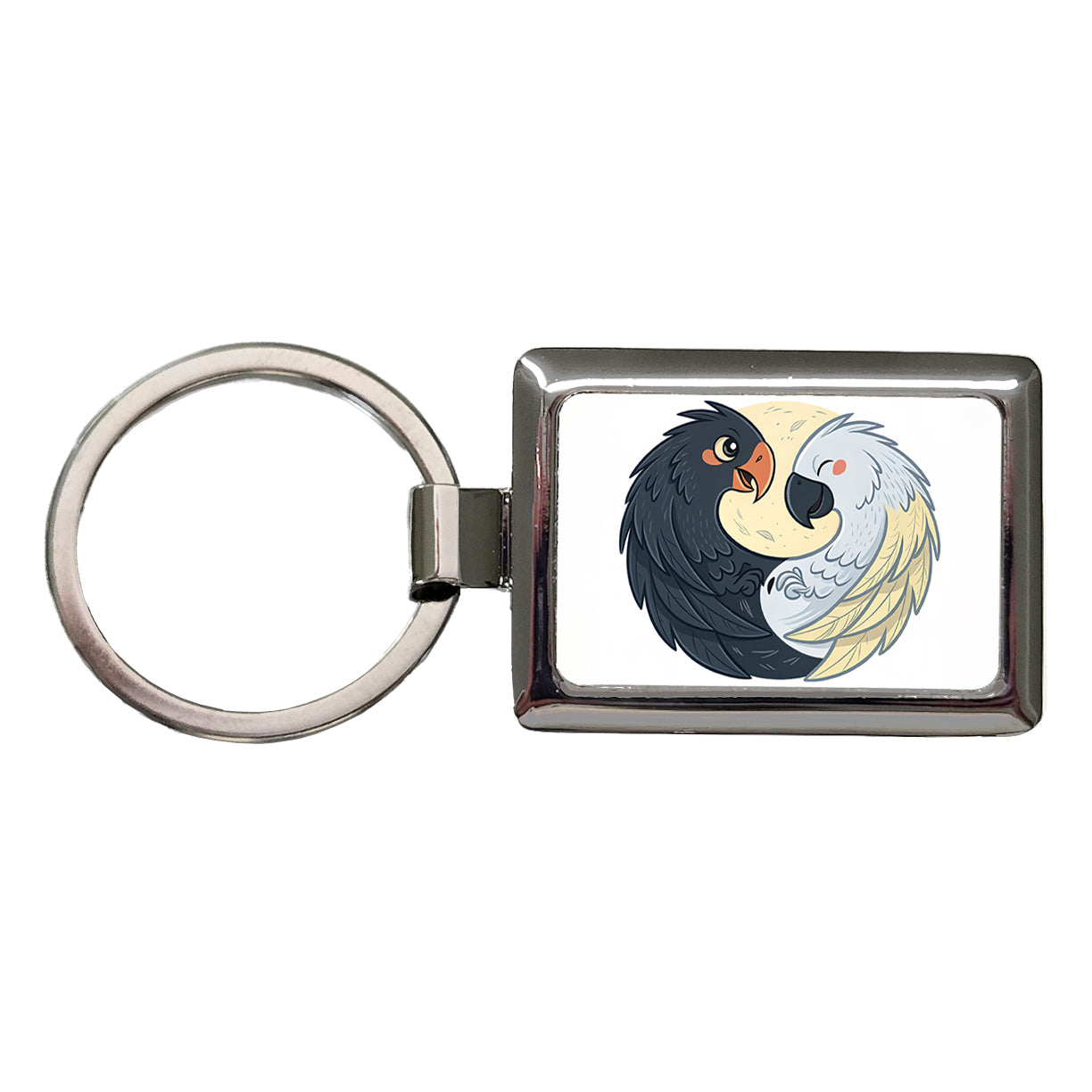 Two Parrots Yin Yang Rectangle Metal Keychain