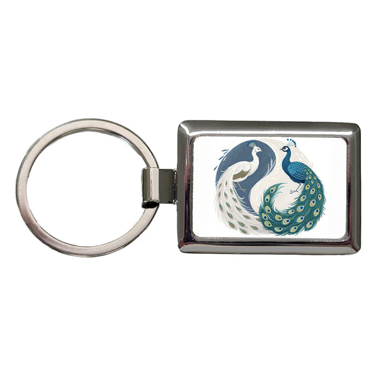 Two Peacocks Yin Yang Rectangle Metal Keychain