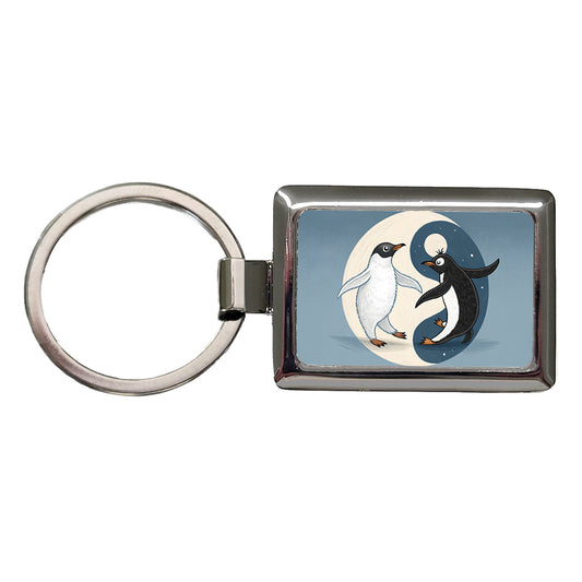 Two Penguins Yin Yang Rectangle Metal Keychain