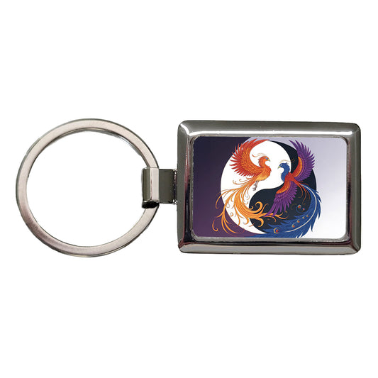 Two Phoenix Yin Yang Rectangle Metal Keychain