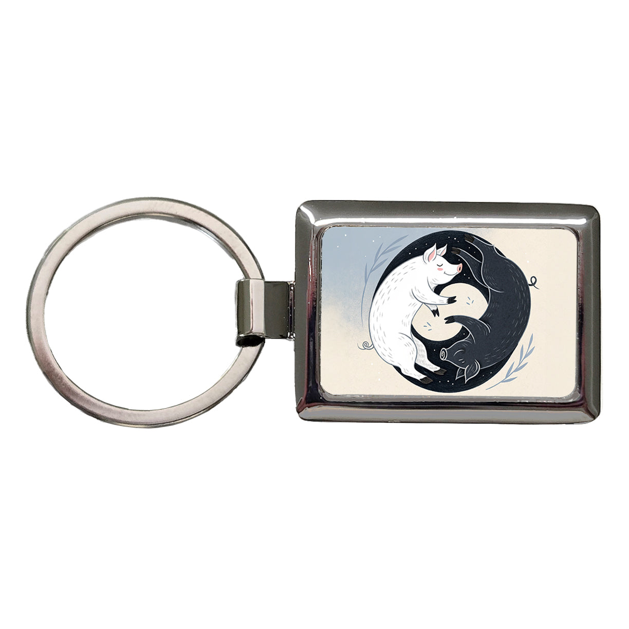 Two Pigs Yin Yang Black White Rectangle Metal Keychain