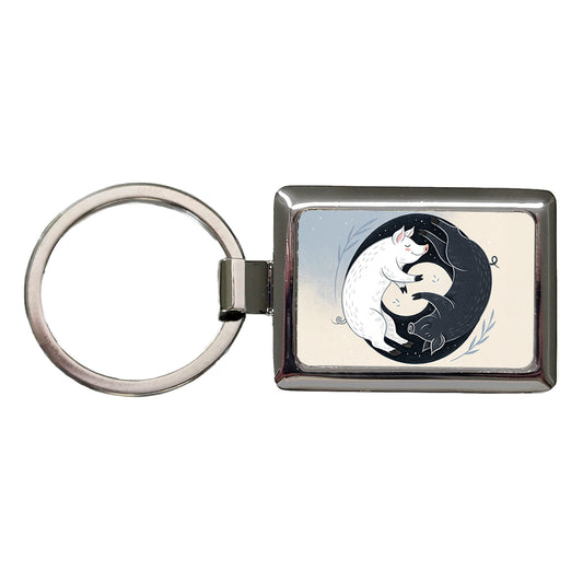 Two Pigs Yin Yang Black White Rectangle Metal Keychain