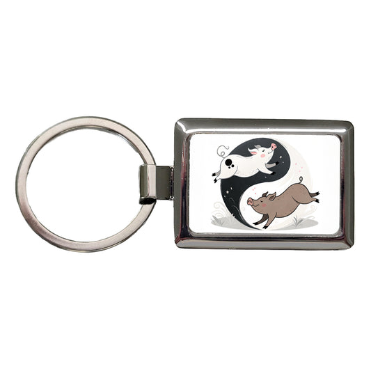 Two Pigs Yin Yang Rectangle Metal Keychain