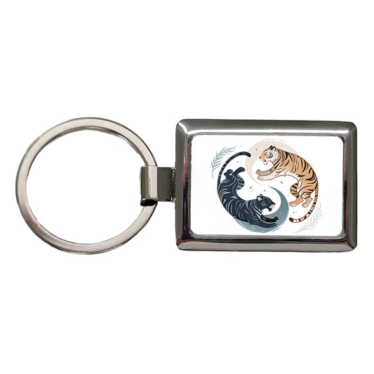 Two Tigers Yin Yang Orange Dark Rectangle Metal Keychain