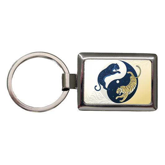 Two Tigers Yin Yang Rectangle Metal Keychain