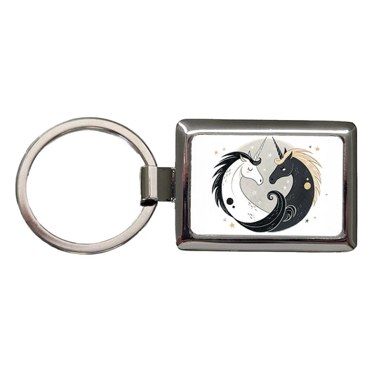 Two Unicorns Yin Yang Black White Rectangle Metal Keychain