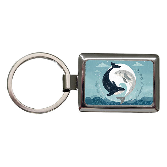 Two Whales Yin Yang Ocean Sky Rectangle Metal Keychain