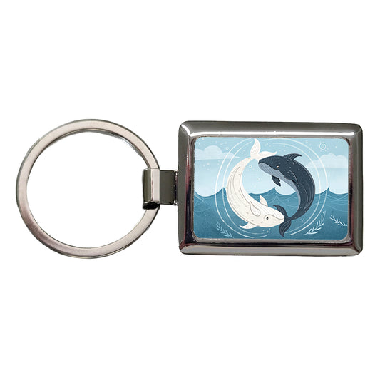 Two Whales Yin Yang Ocean Rectangle Metal Keychain