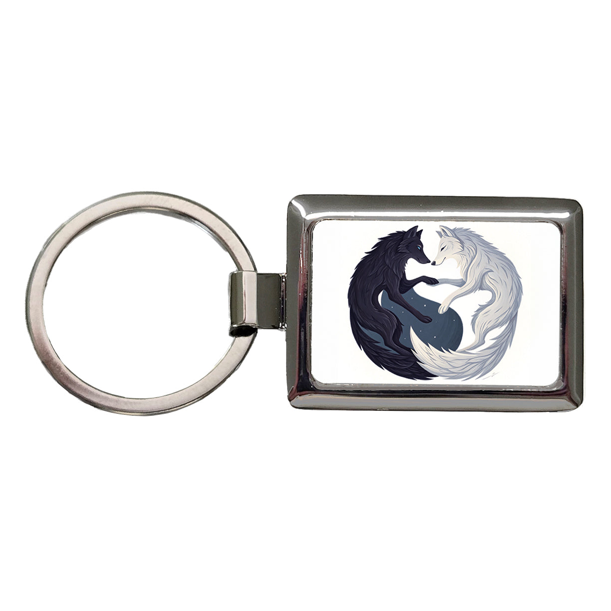 Two Wolves Yin Yang Black White Rectangle Metal Keychain