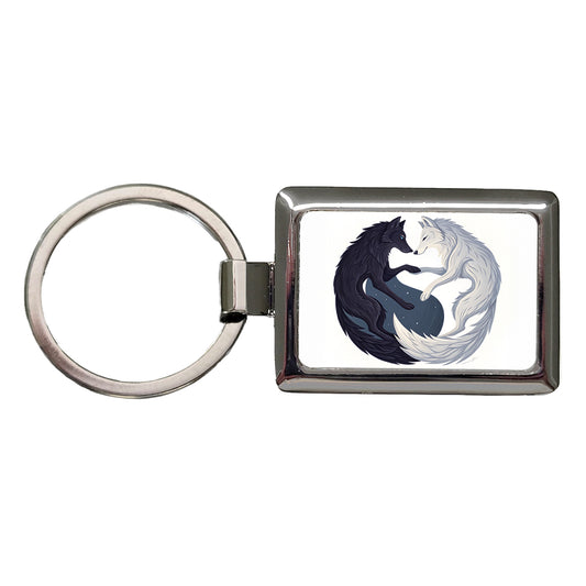 Two Wolves Yin Yang Black White Rectangle Metal Keychain
