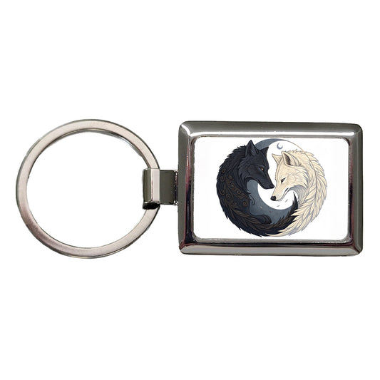 Two Wolves Yin Yang Rectangle Metal Keychain