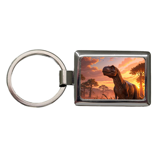 Tyrannosaurus T-Rex Dinosaur Sunset Sky Rectangle Metal Keychain
