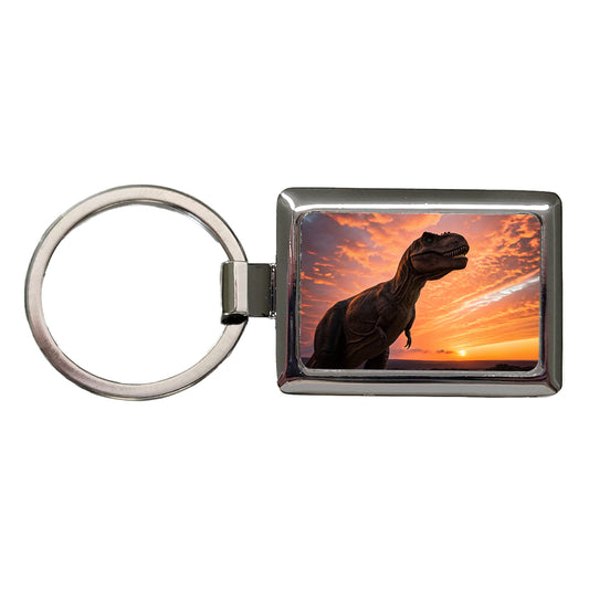Tyrannosaurus T-Rex Dinosaur Sunset Sunrise Rectangle Metal Keychain