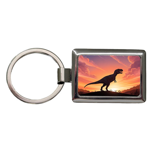 Tyrannosaurus T-Rex Dinosaur Sunset Rectangle Metal Keychain
