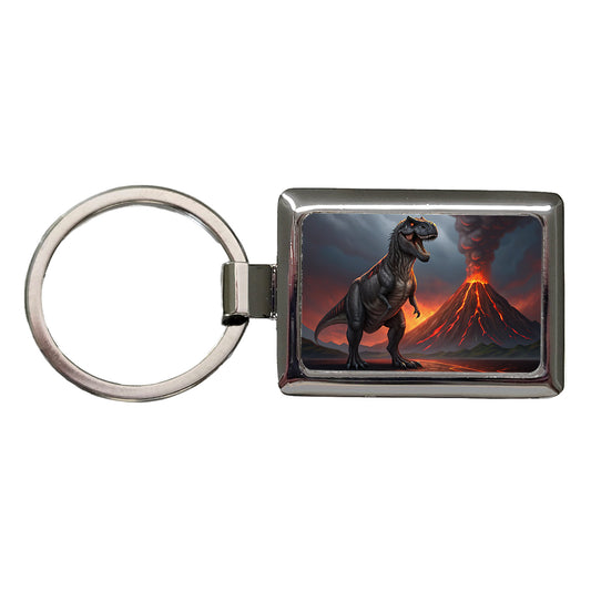 Tyrannosaurus T-Rex Dinosaur Volcano Erupting Rectangle Metal Keychain