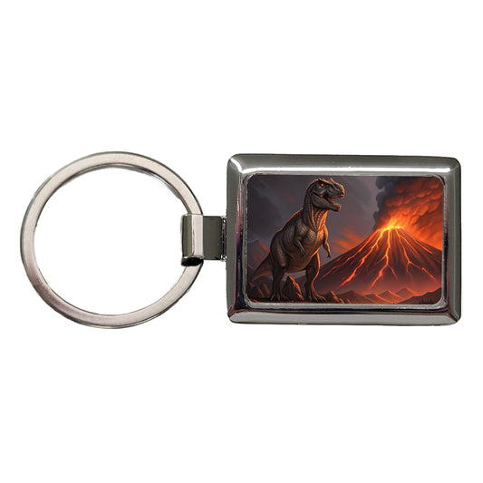 Tyrannosaurus T-Rex Dinosaur Volcano Lava Rectangle Metal Keychain