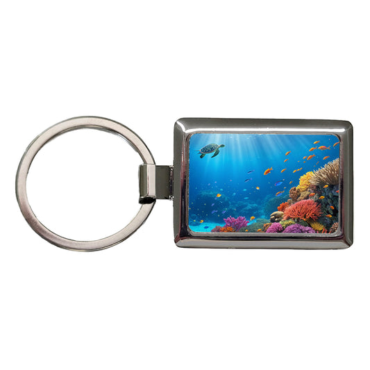 Underwater Scene Tropical Turtle Fish Coral Ocean Rectangle Metal Keychain