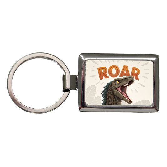 Velociraptor Roar Bold Dinosaur Rectangle Metal Keychain