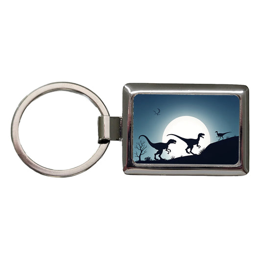Velociraptor Silhouettes Dinosaurs Rectangle Metal Keychain