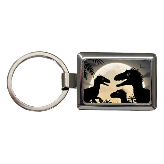 Velociraptor Silhouettes Night Dinosaur Rectangle Metal Keychain