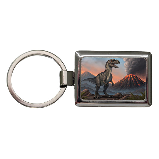 Velociraptor Volcano Dinosaur Rectangle Metal Keychain