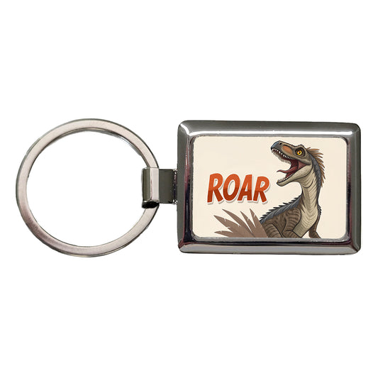 Velociraptor With Roar Dinosaur Rectangle Metal Keychain