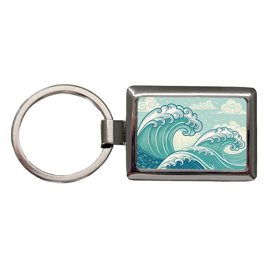 Vintage Ocean Waves Drawing Rectangle Metal Keychain