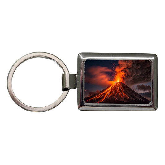 Volcano Erupting At Night Lava Rectangle Metal Keychain