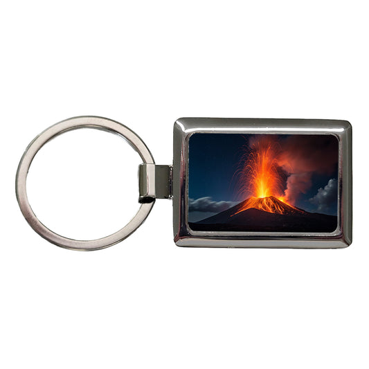 Volcano Erupting At Night Rectangle Metal Keychain