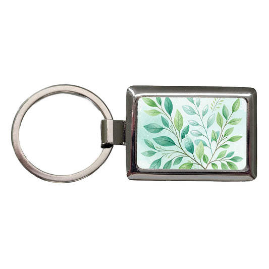 Watercolor Green Leaves And Branches Minimalist Rectangle Metal Keychain
