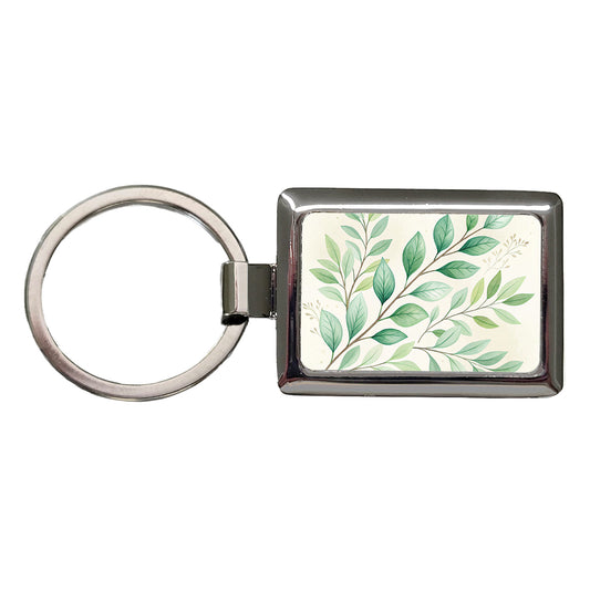 Watercolor Green Leaves And Branches Rectangle Metal Keychain