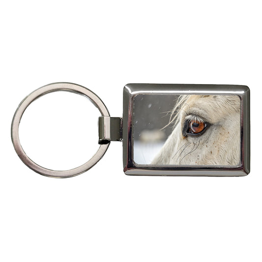 White Horse Eye Close Up Rectangle Metal Keychain